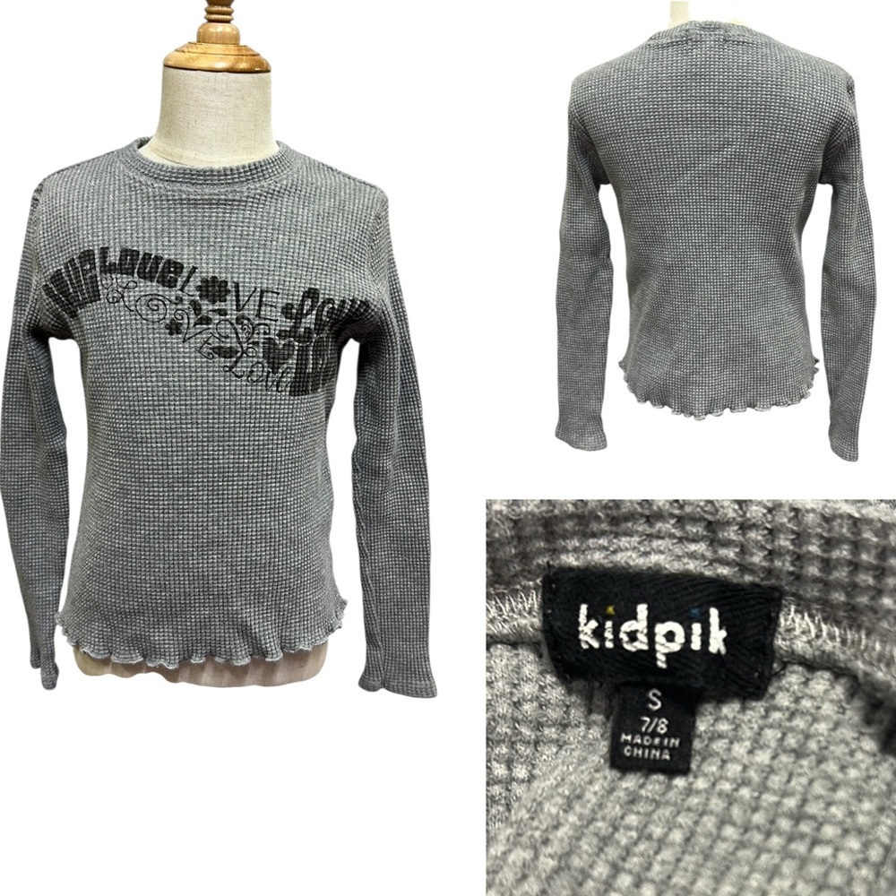 Kidpik Gray Love Print Thermal Textured Long Sleeve Crew Neck Shirt Girls Small